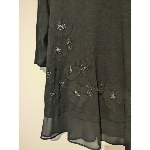 LOGO Lori Goldstein Women's Black Embellished Floral Tunic Top S 3/4 Sleeve - Picture 2 of 5